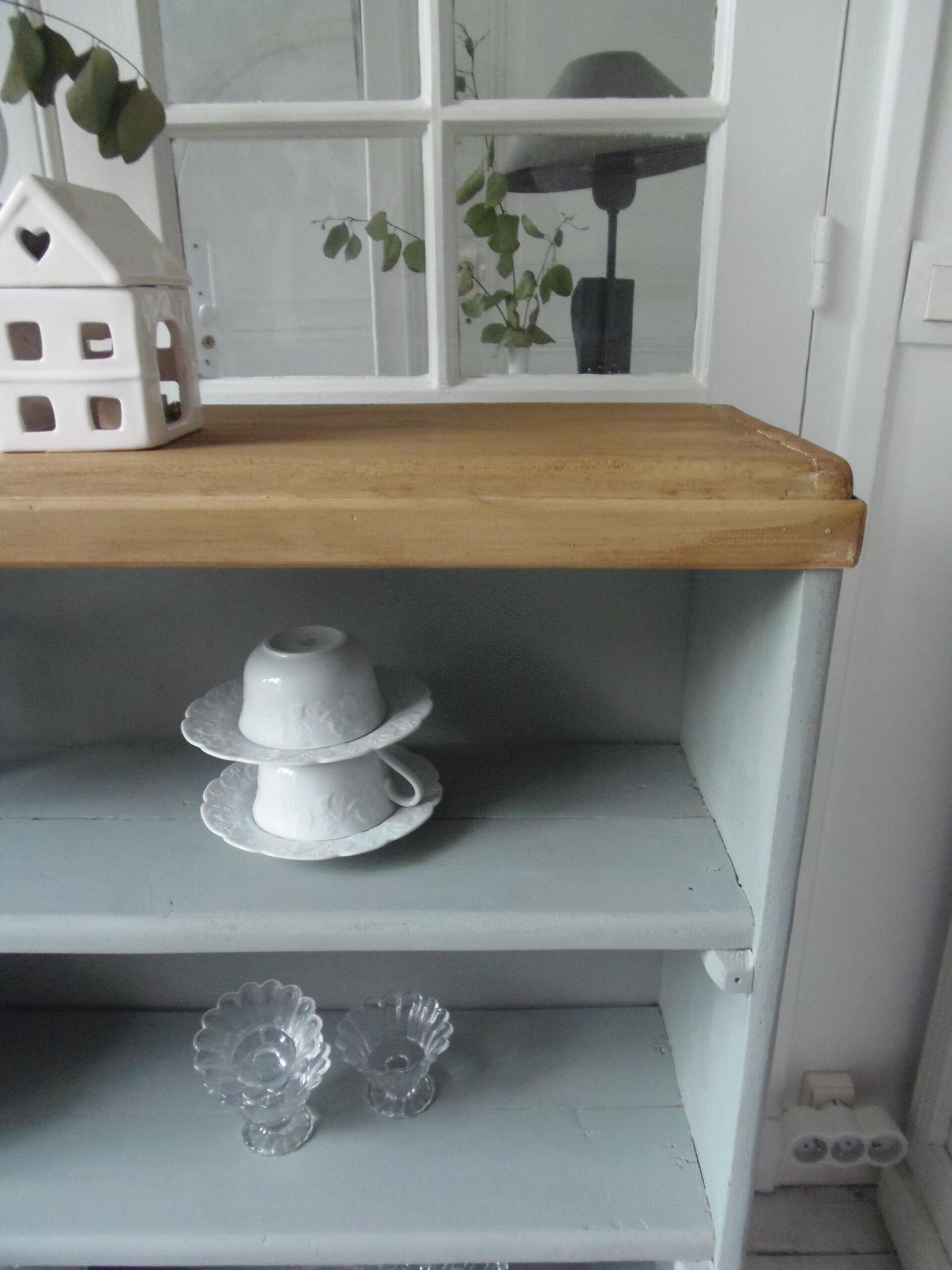 Vintage bookcase green of gray wooden top