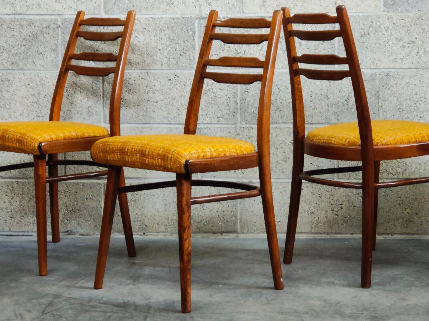 Suite of 4 Czech chairs wood and fabric Yellow "Univerzal" late 60