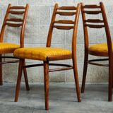 Suite of 4 Czech chairs wood and fabric Yellow "Univerzal" late 60