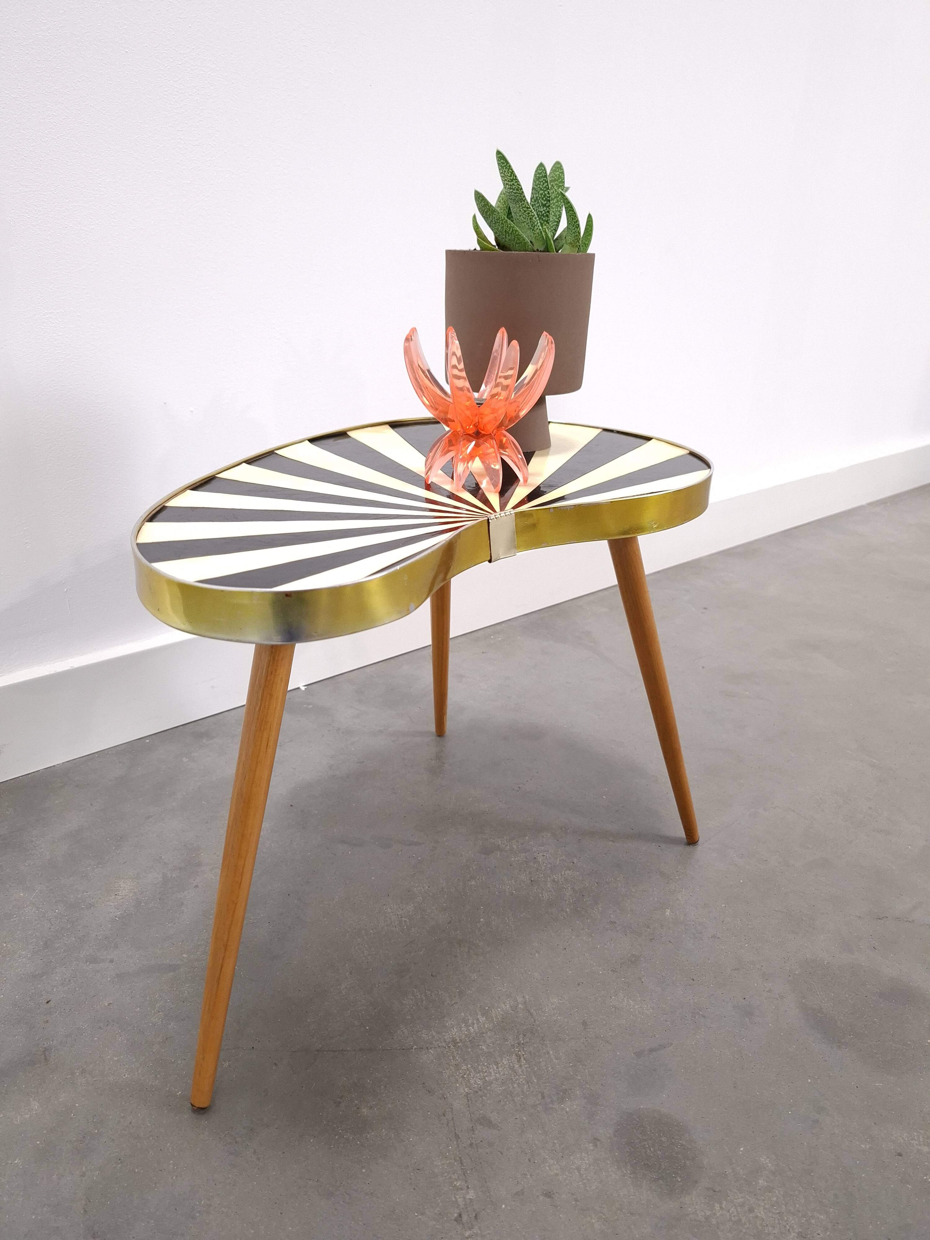 1950s kidney-shaped black and white table, plant table.