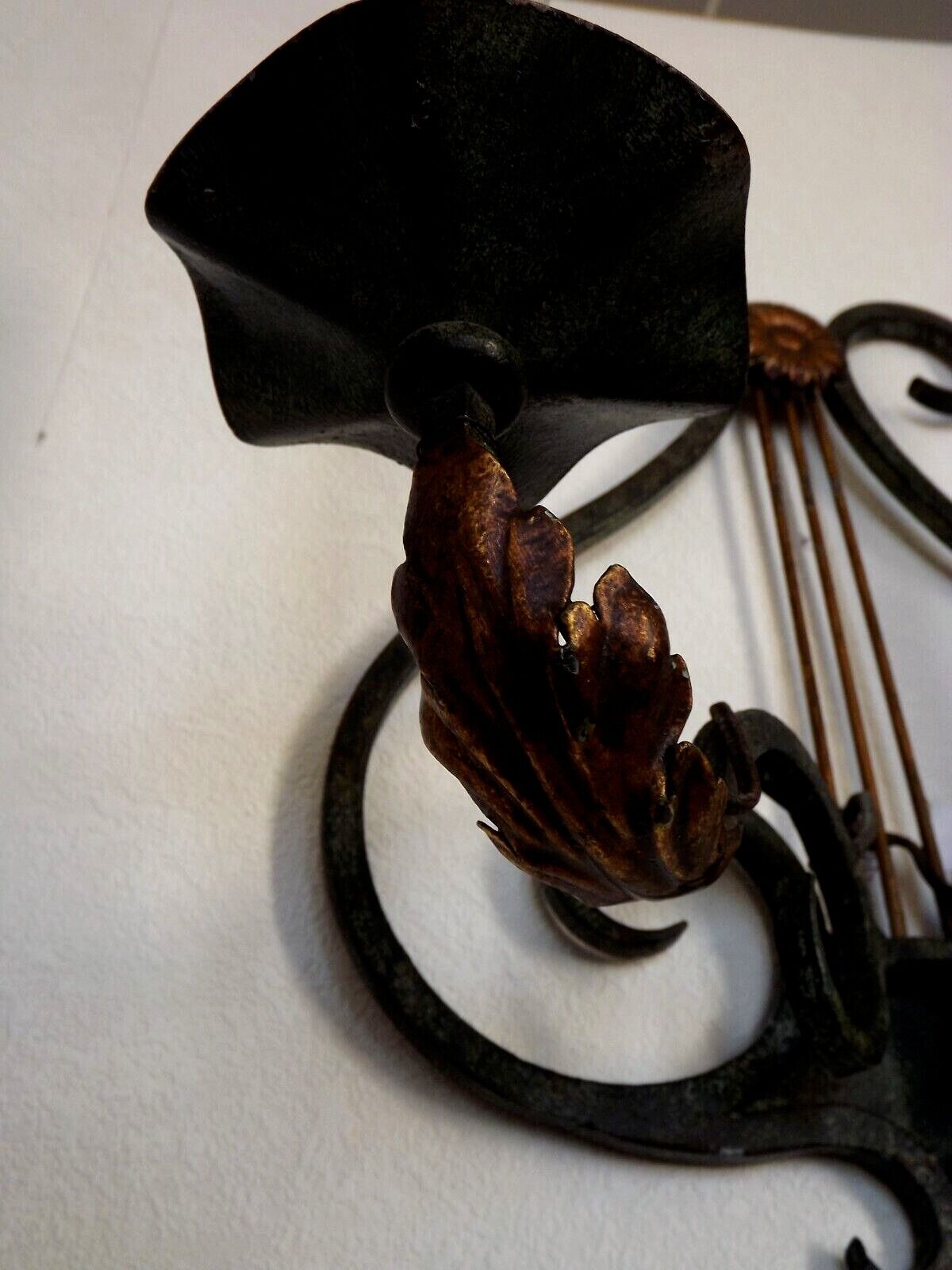 Pair of old antique French double lyre shape green wrought iron wall sconces