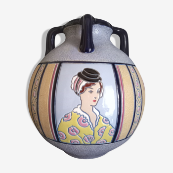 Vase boule emaillé avec personnages Emile Laget, Imperial Amphora -