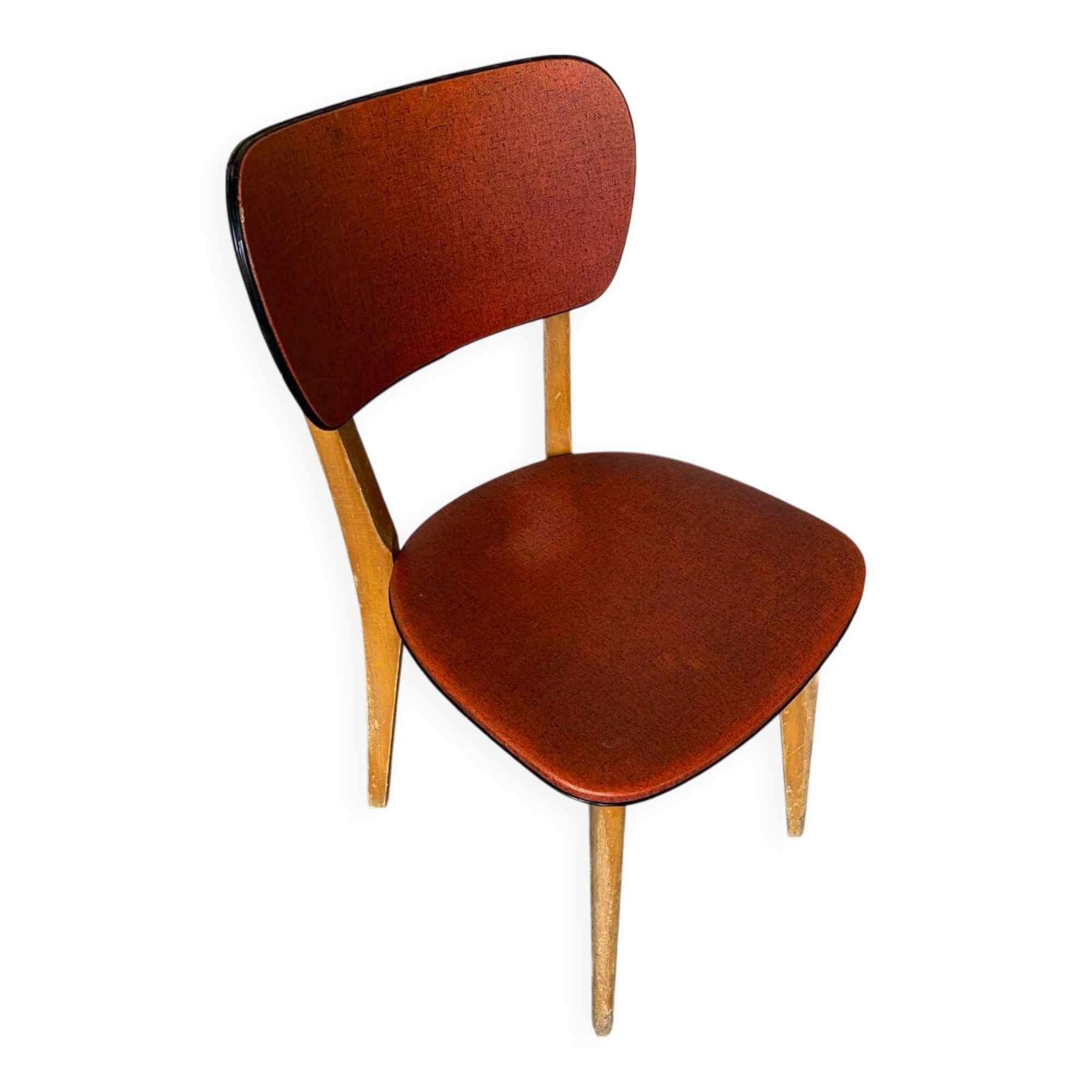 Ancienne Chaise Bois Pieds compas Vinyle Rouge Années 60