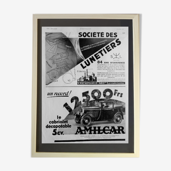 Publicité originale  " Sté des Lunetiers & Amilcar " 1933