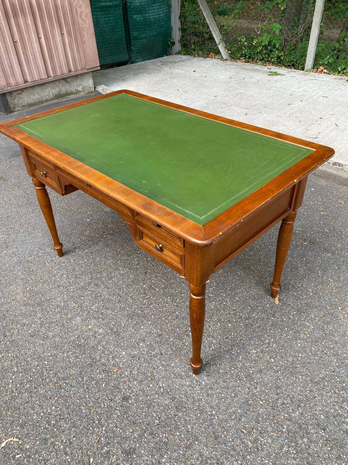 Louis XVI style desk in solid wood and green leather, 1970.