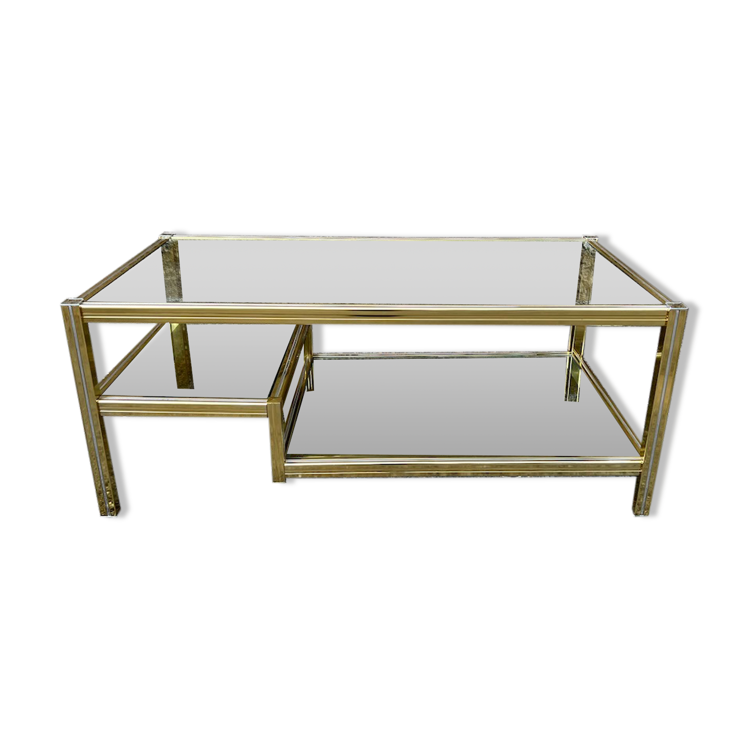 2-level coffee table Roche Bobois Hollywood Regency style brass and glass 70s