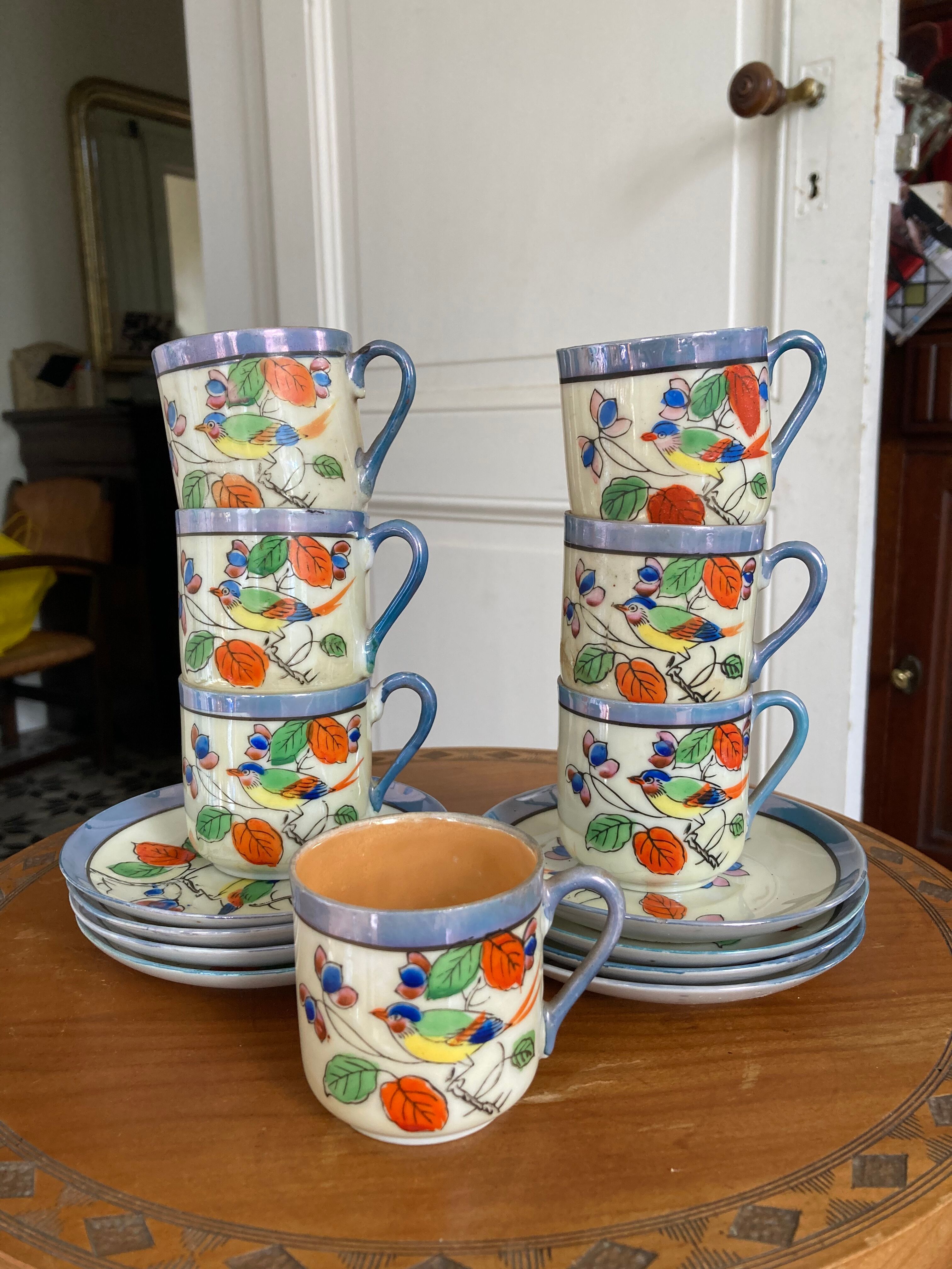 7 cups 1950 enamelled china saucers coffee or tea painted decoration birds
