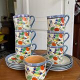 7 cups 1950 enamelled china saucers coffee or tea painted decoration birds