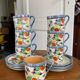 7 cups 1950 enamelled china saucers coffee or tea painted decoration birds