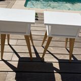 Pair of vintage bedside tables with high compass legs and top design