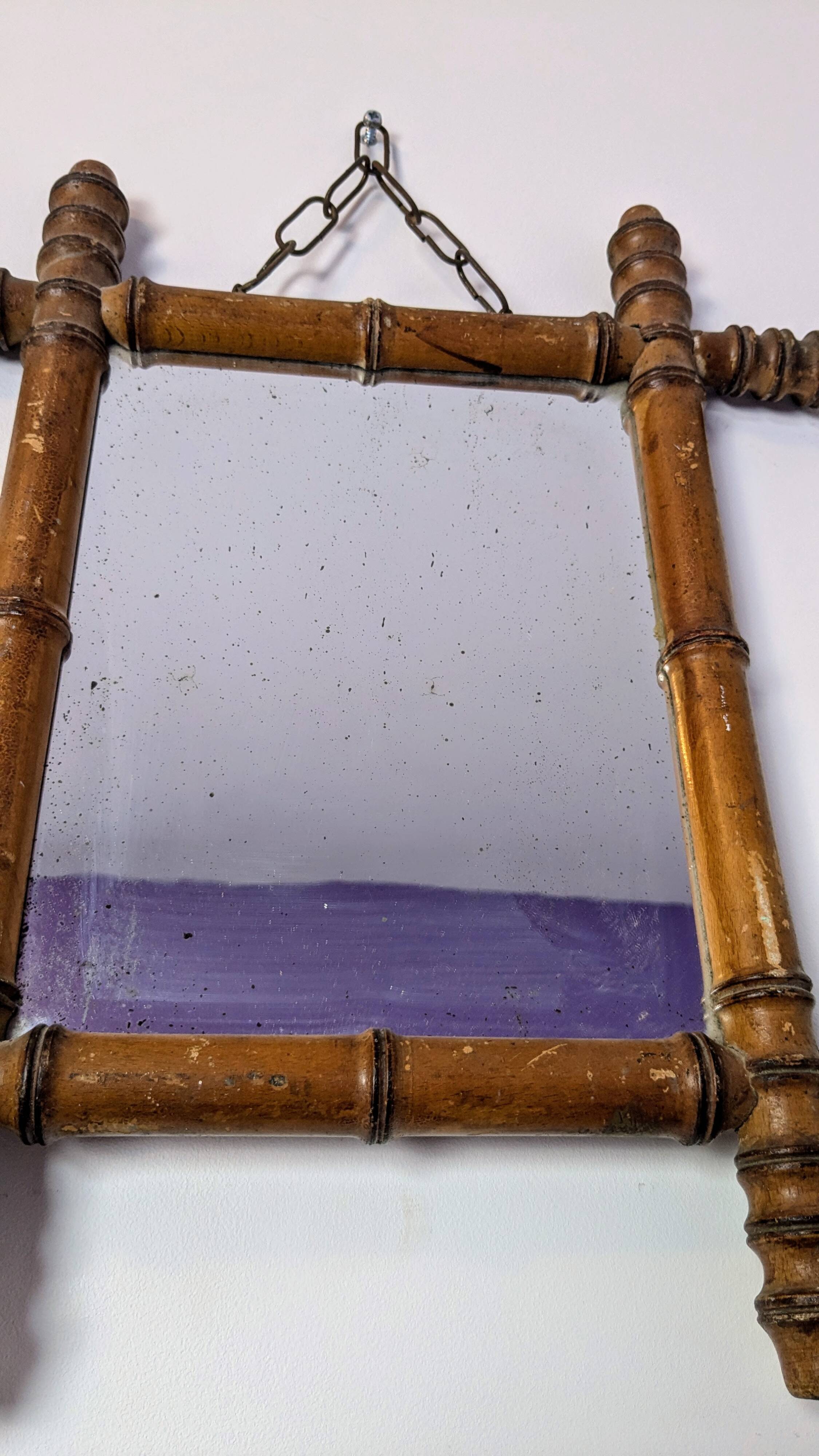 Antique turned bamboo mirror with pitted glass 45x39 cm