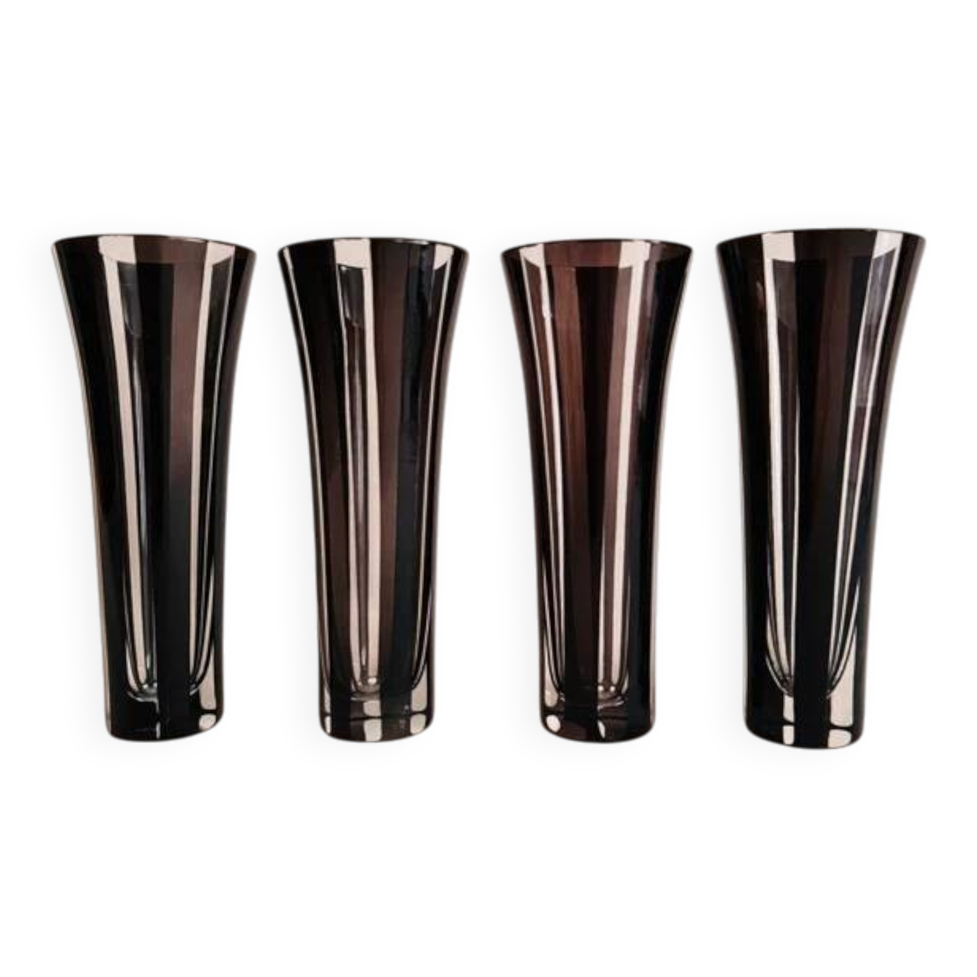 4 vintage champagne flutes in clear and black crystal glass