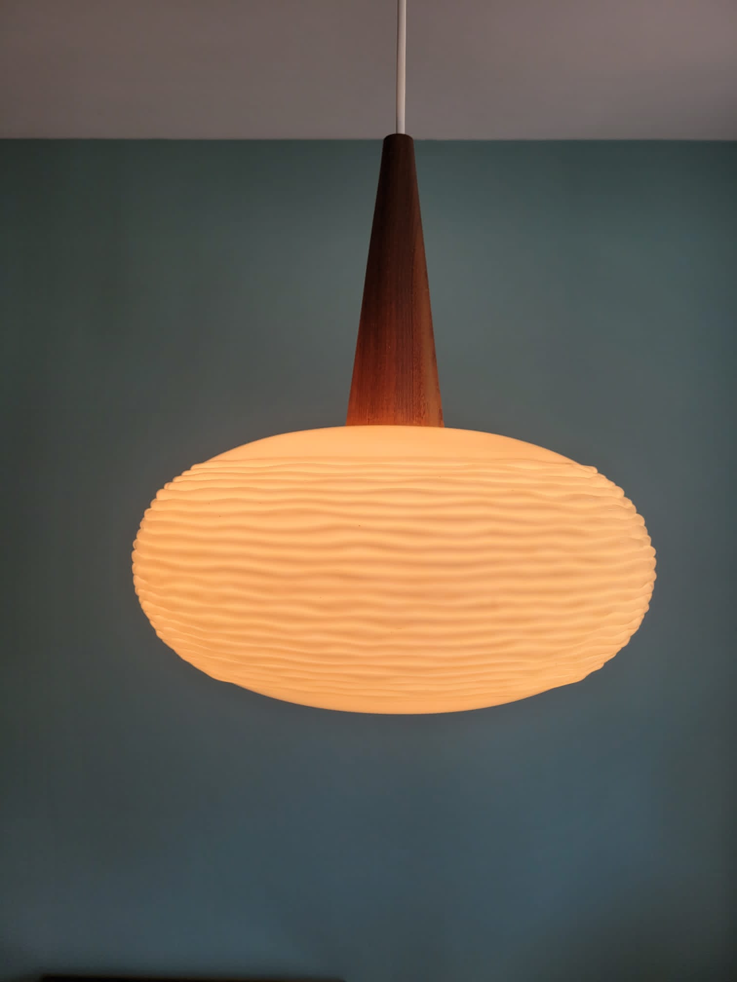 Scandinavian suspension in opaline and teak, 60s