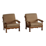 Mid-20th century, pair of armchairs by Henning Kjærnulf, oak and alcantara, 1960s.