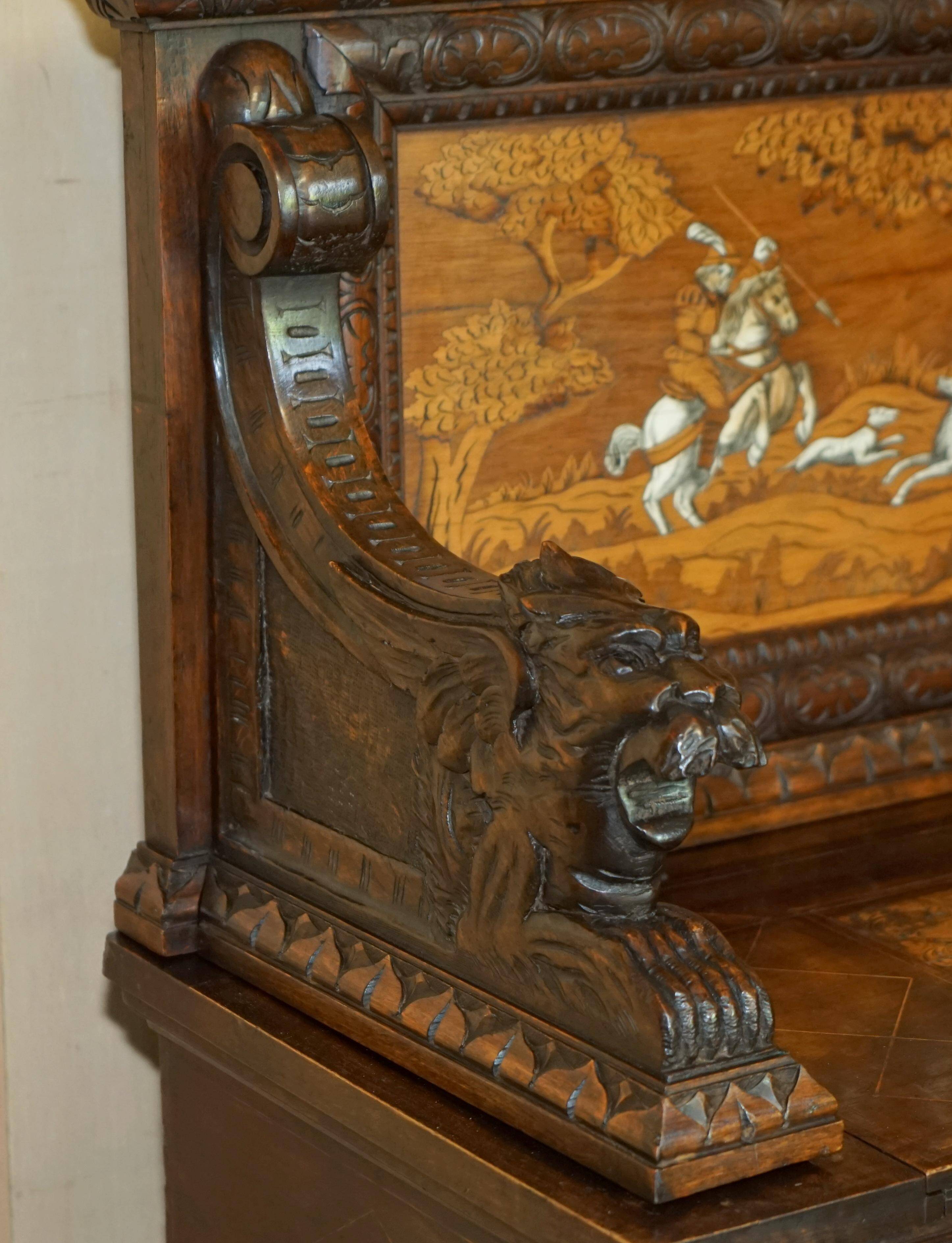 Banc Monks Antique Sculpté Lion Griffon 1860 avec Rangement