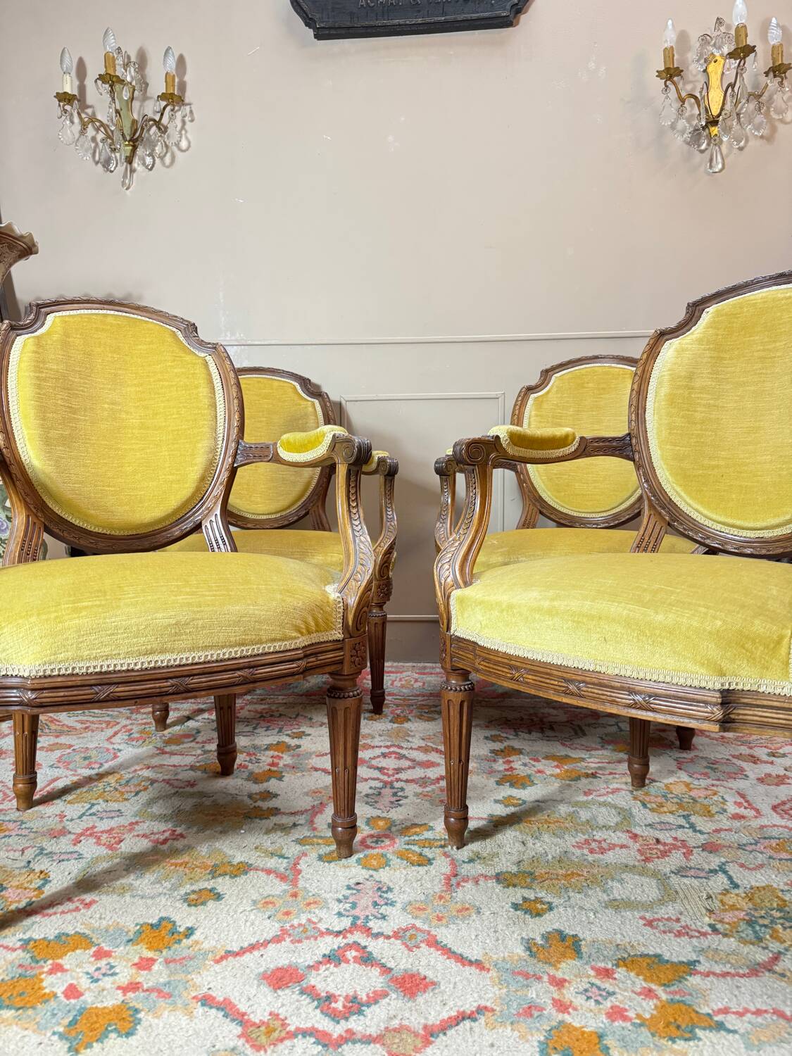 Set of four natural wood armchairs in louis xvi style 19th century