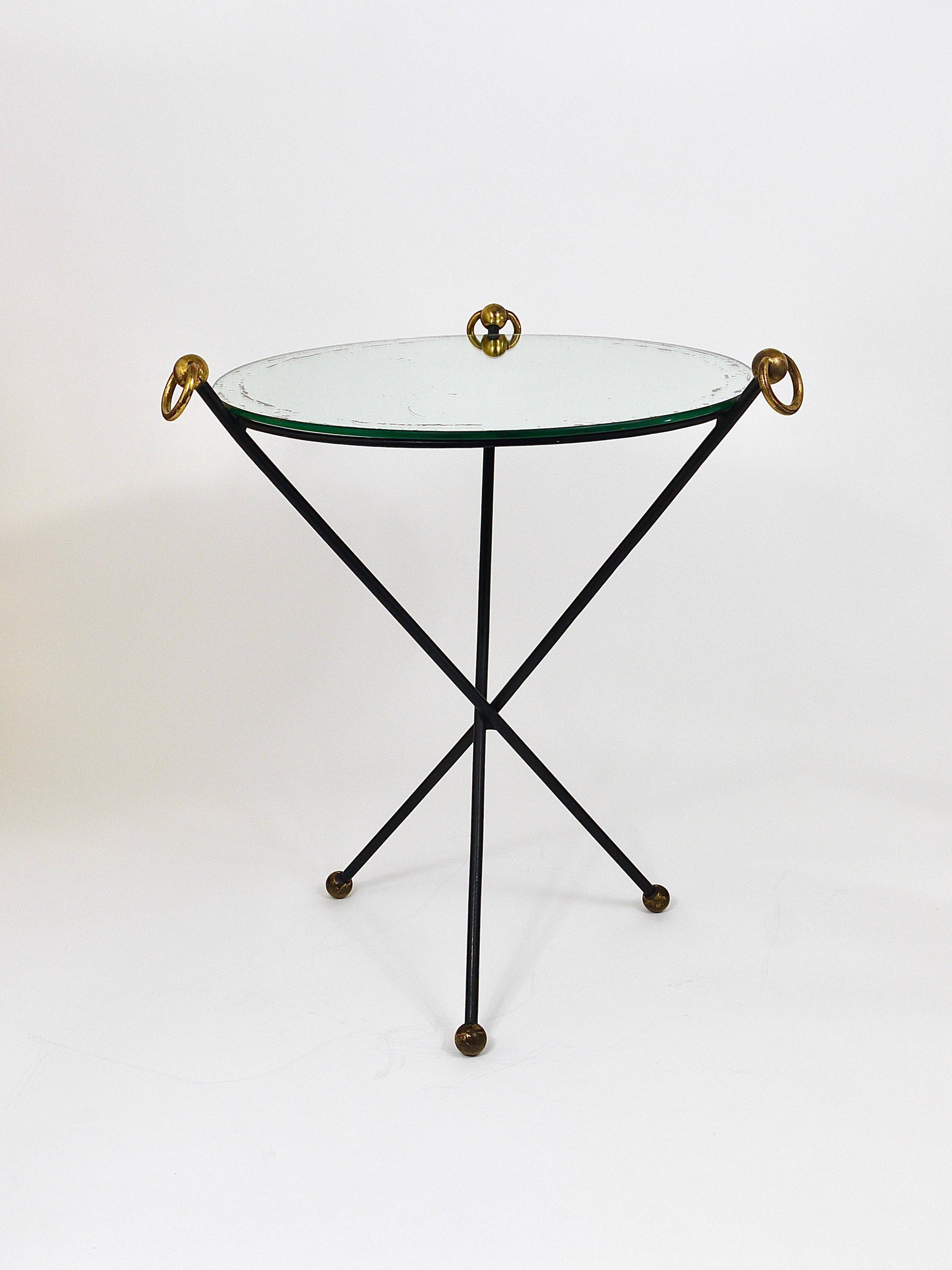 French mid-century mirror side table, Jacques Adnet style, brass, 1950s.