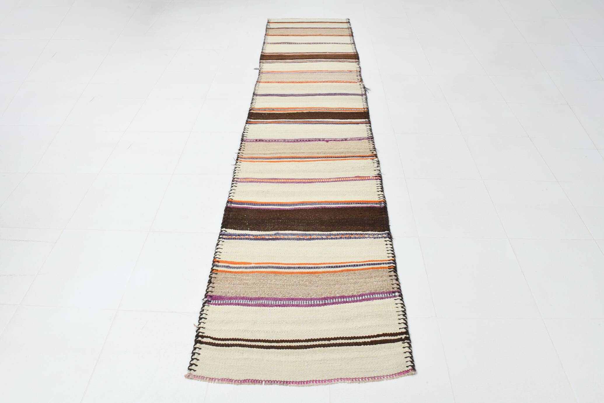 2x11 Brown & Cream Vintage Kilim Runner Rug, 75x337Cm