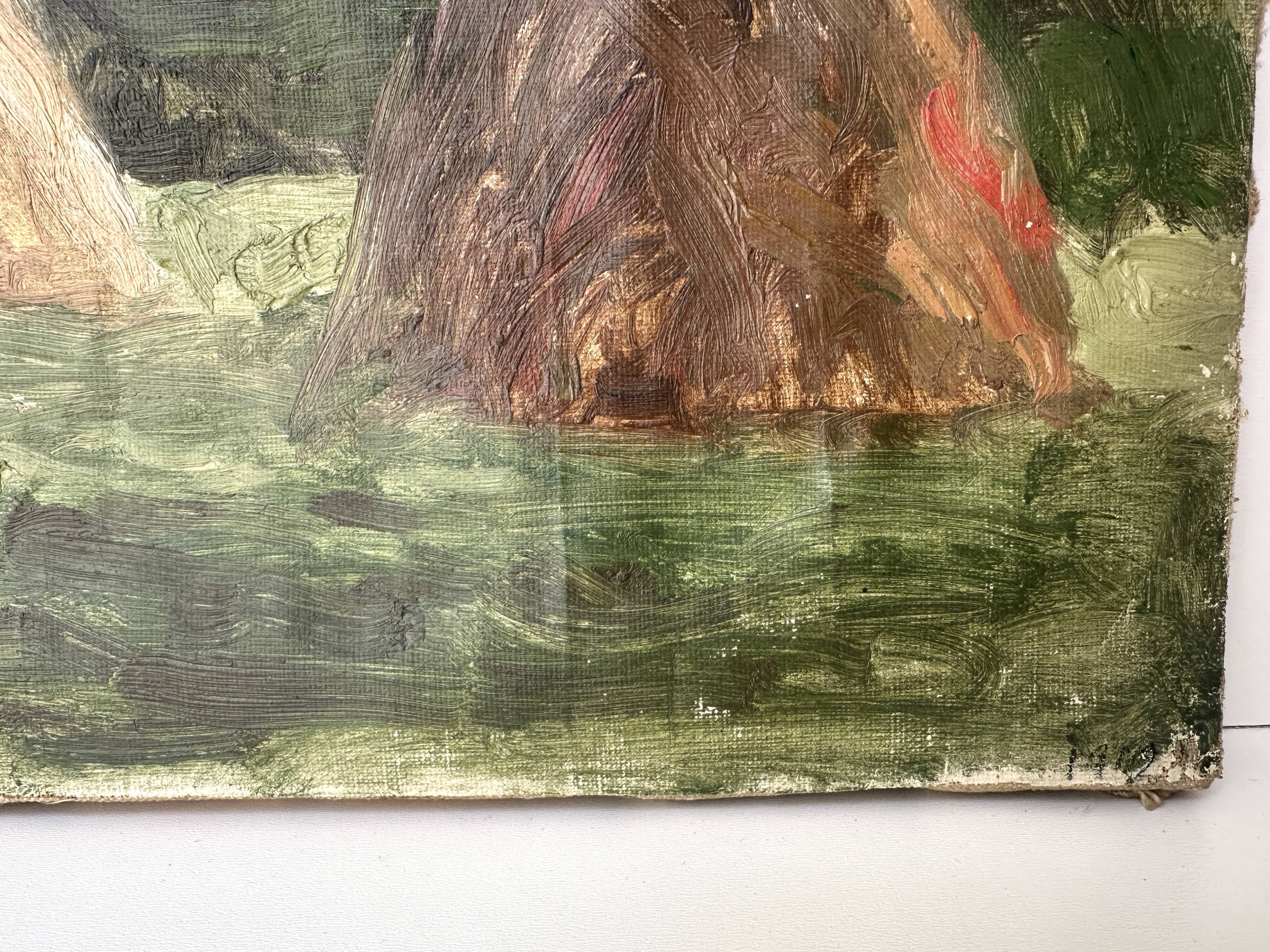 Old oil painting on canvas "The Haystacks" dated 1902.