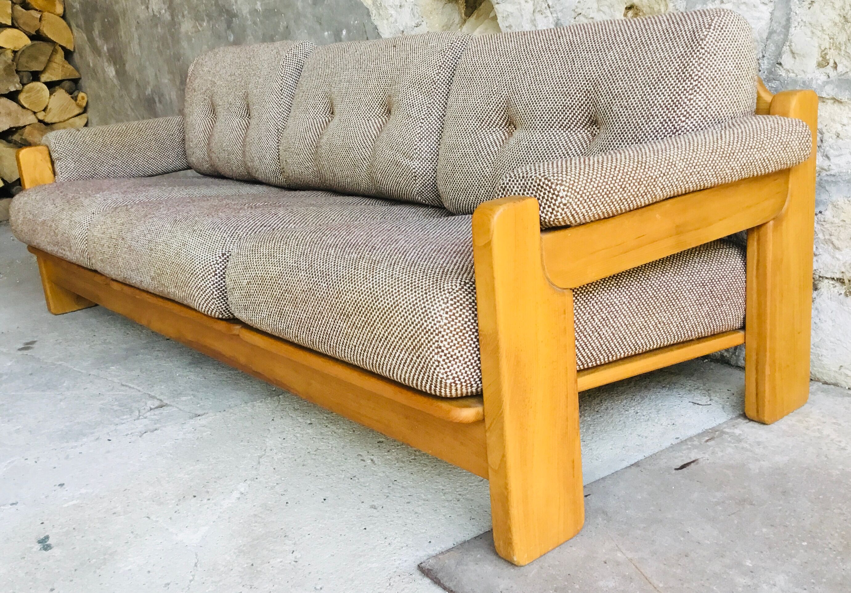 Scandinavian sofa 3-seater elm structure wool cushions chinée 1960