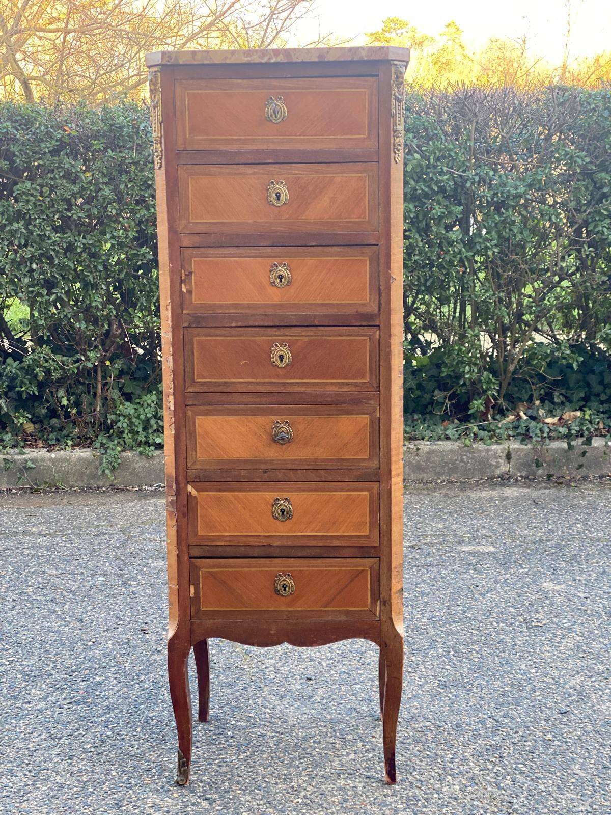Louis XV transition XVI chest of drawers with 7 drawers in wood and marble