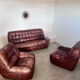 Ensemble canapé et 2 fauteuils vintage en cuir camel patchwork design années 70