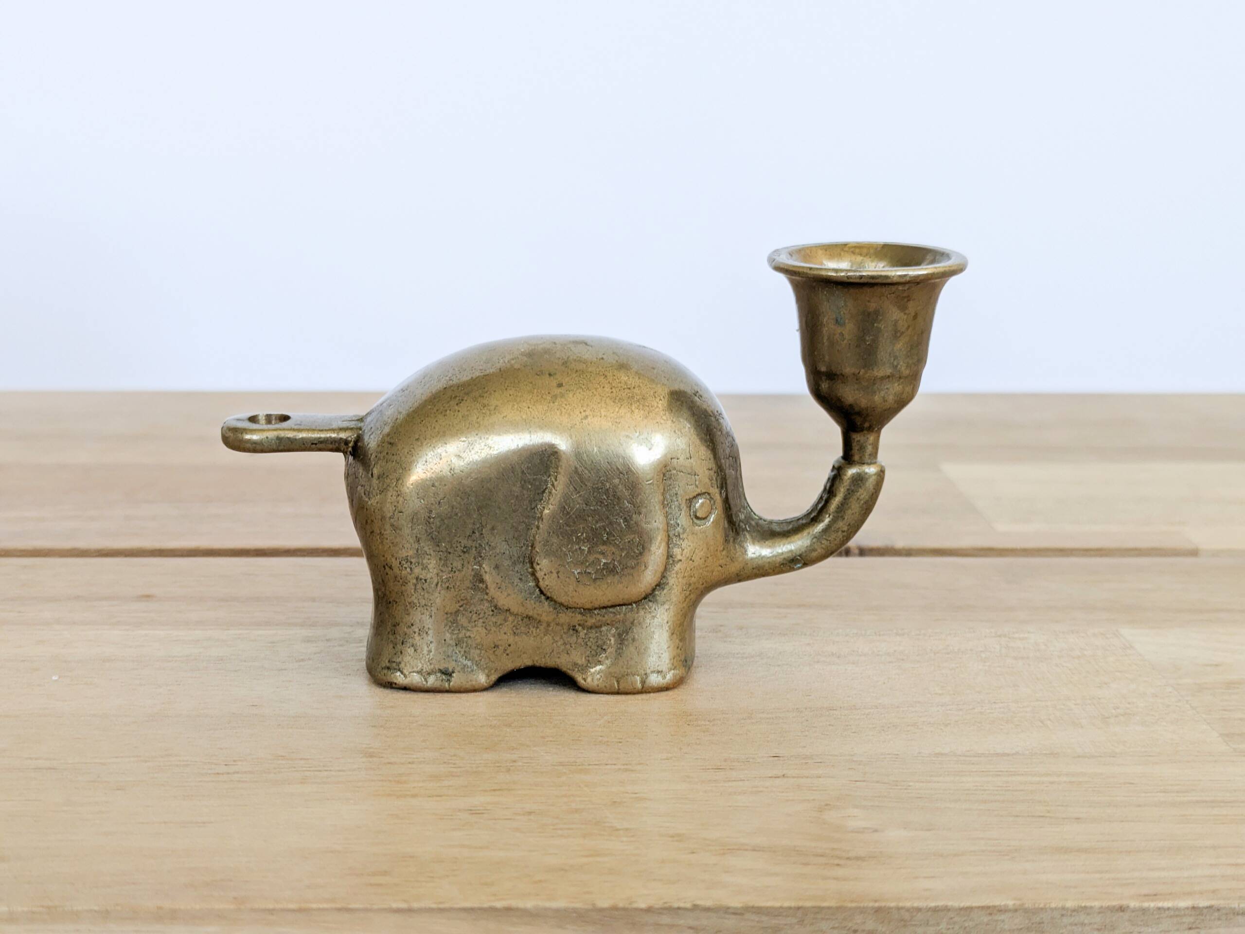 Vintage brass elephant figurine candle holder Haku mid-century