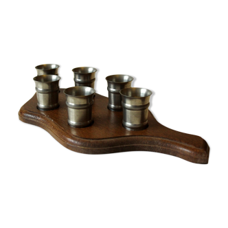 6 marked pewter liqueur cups on a wooden tray, vintage from the 1960s