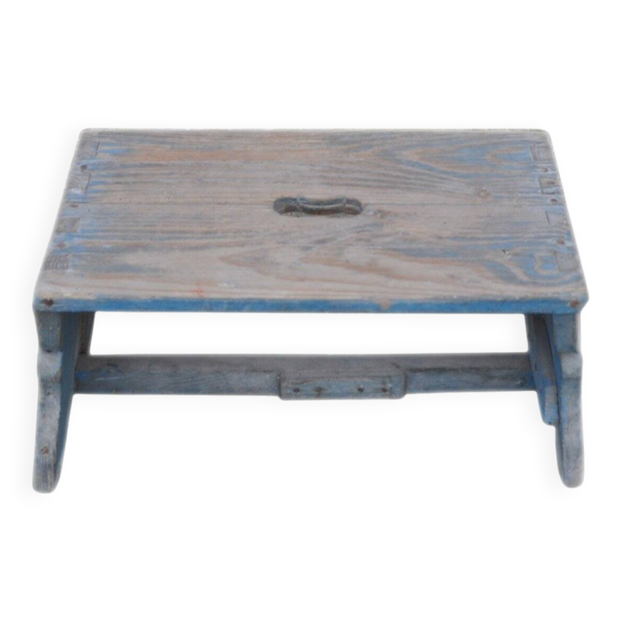Rustic solid pine stool painted azure blue, low Hungarian farmhouse stool from the 1940s.