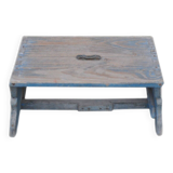 Rustic solid pine stool painted azure blue, low Hungarian farmhouse stool from the 1940s.