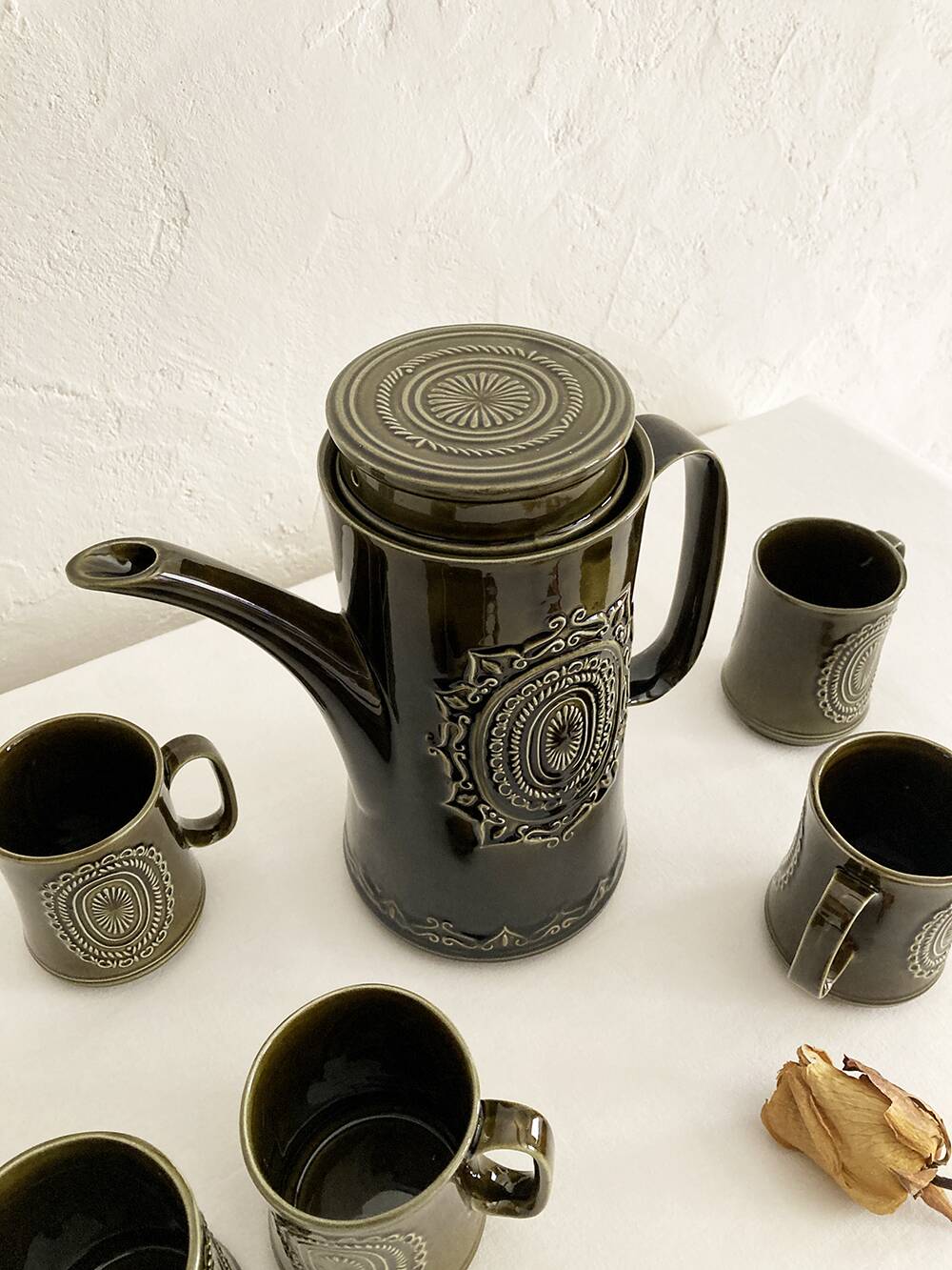 Furnivals porcelain coffee pot and 5 cup set, Made in England