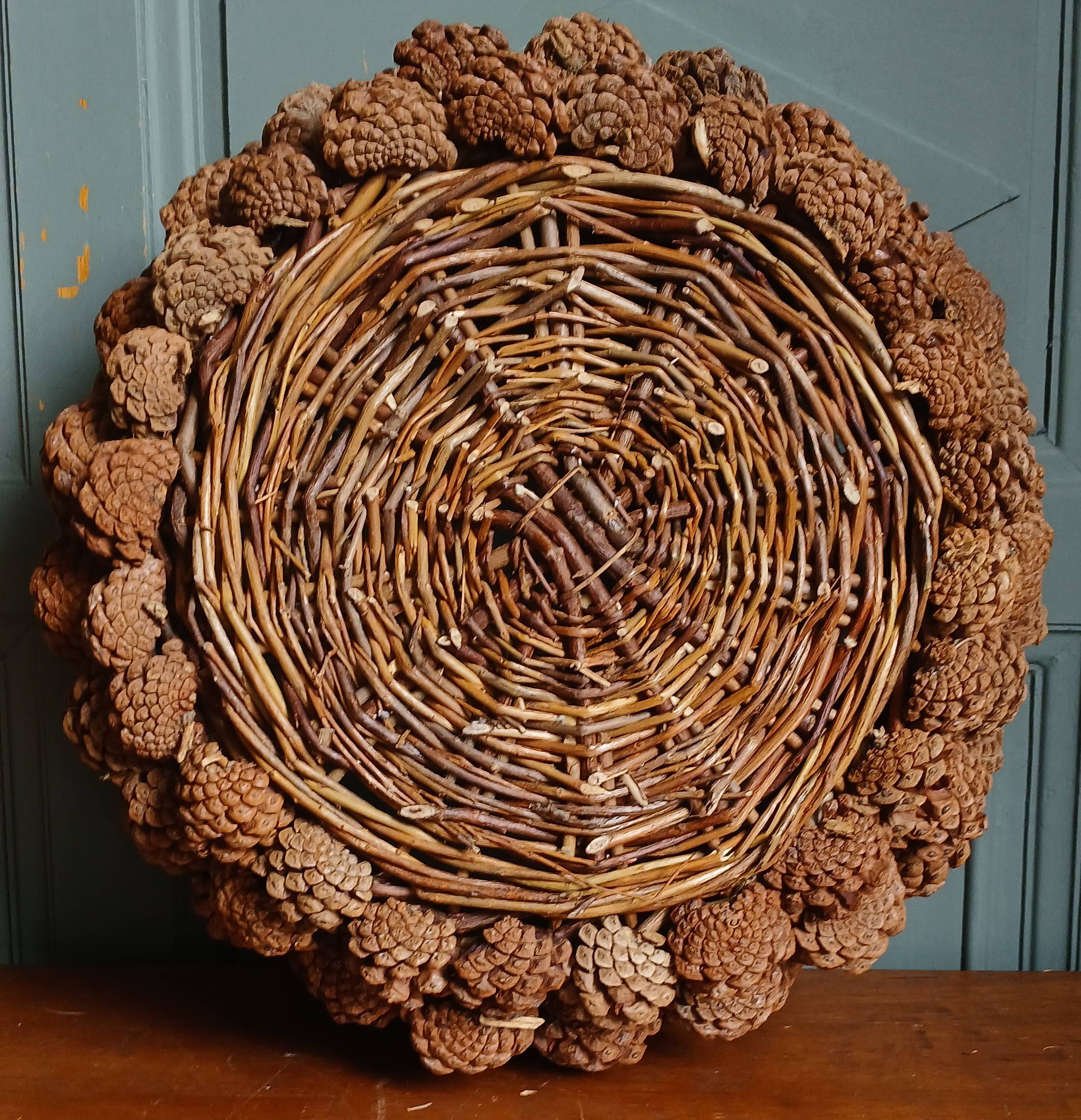 XL handmade wicker & pine cone Adirondack basket, circa 1930.