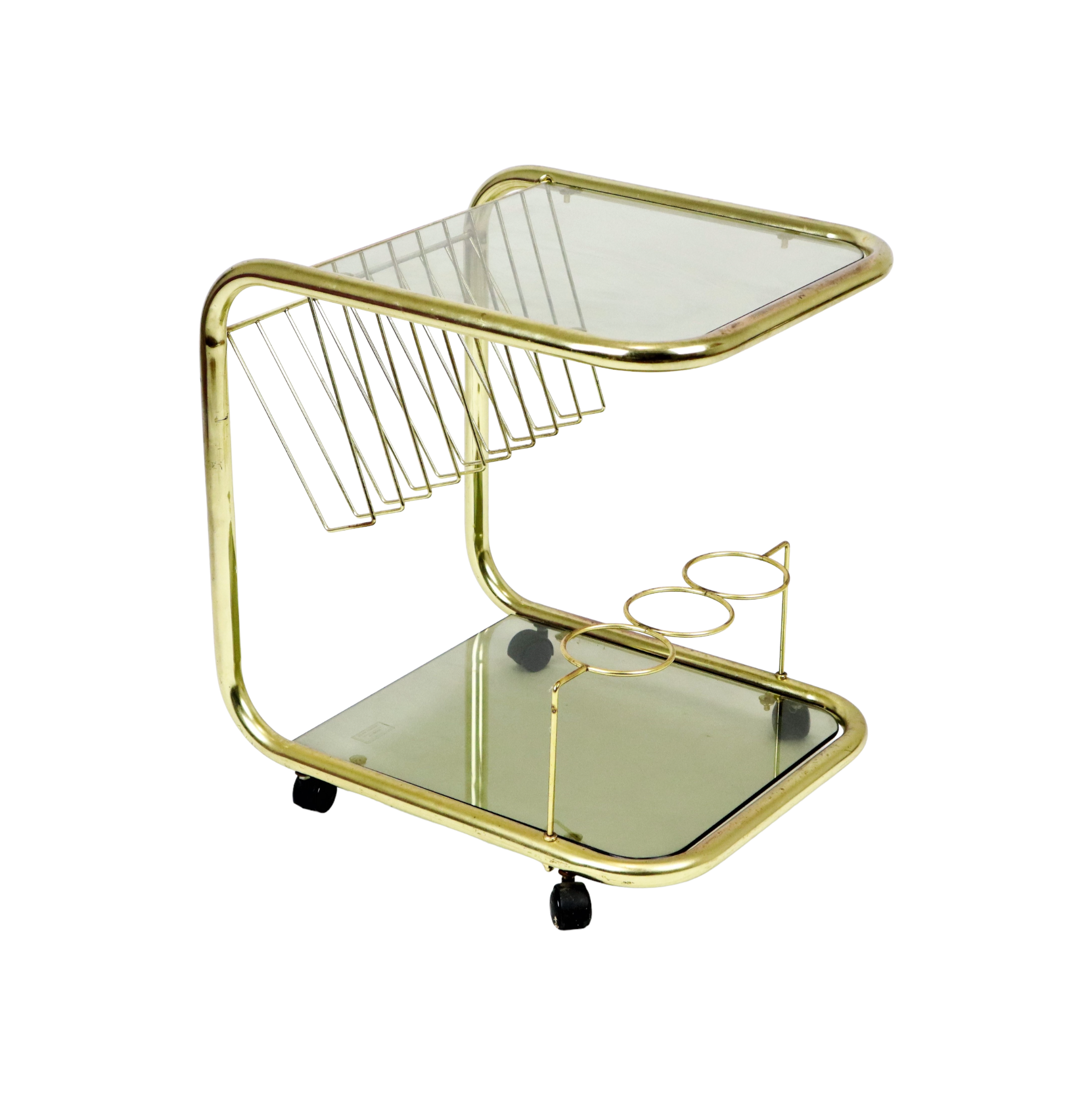 Vintage smoked glass trolley bar magazine rack side table milo baughman style italy 53cm
