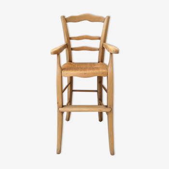 Chaise haute pour enfant en bois assise paillée