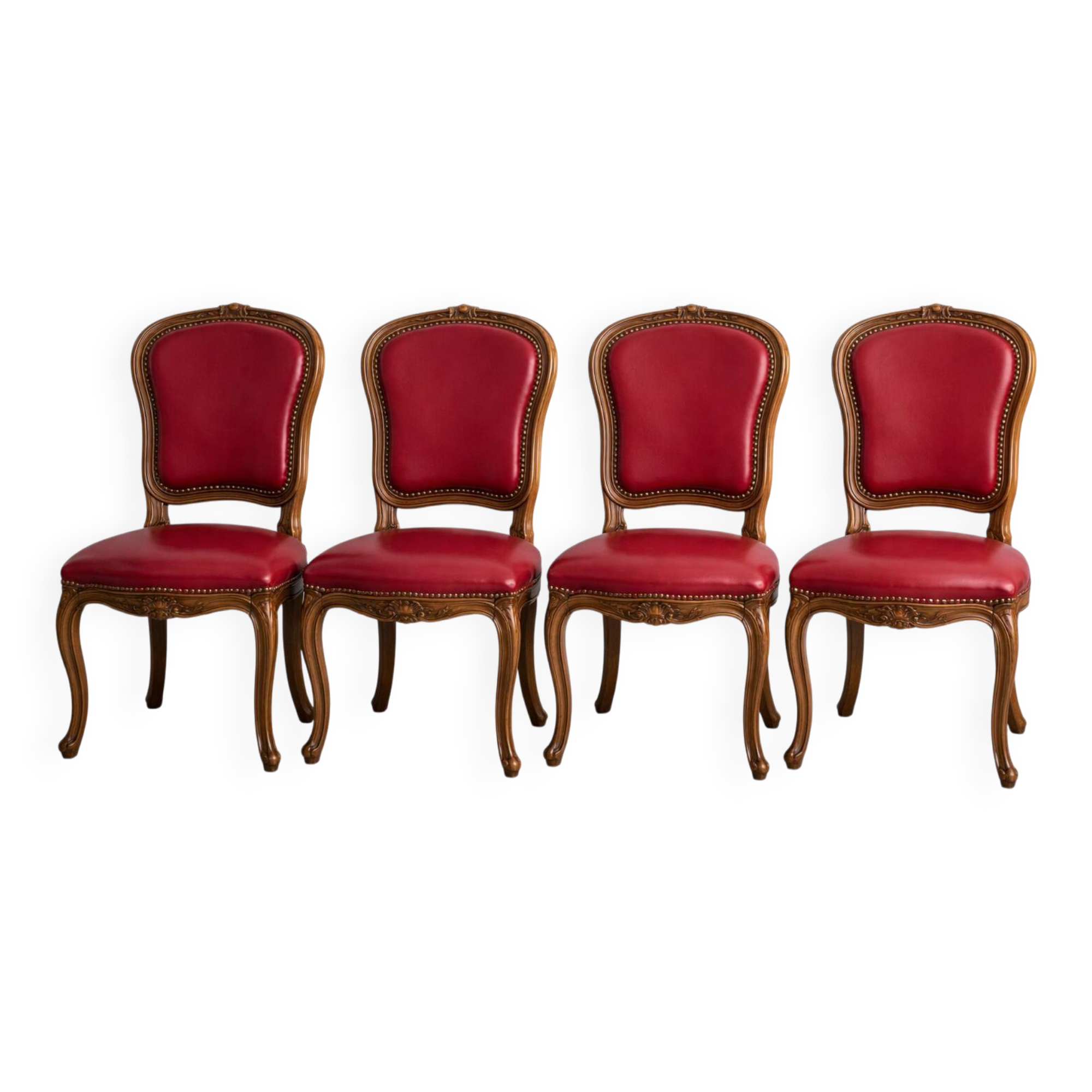 Set of Louis XV Cabriolet Chairs – Carved Wood & Bordeaux Leather