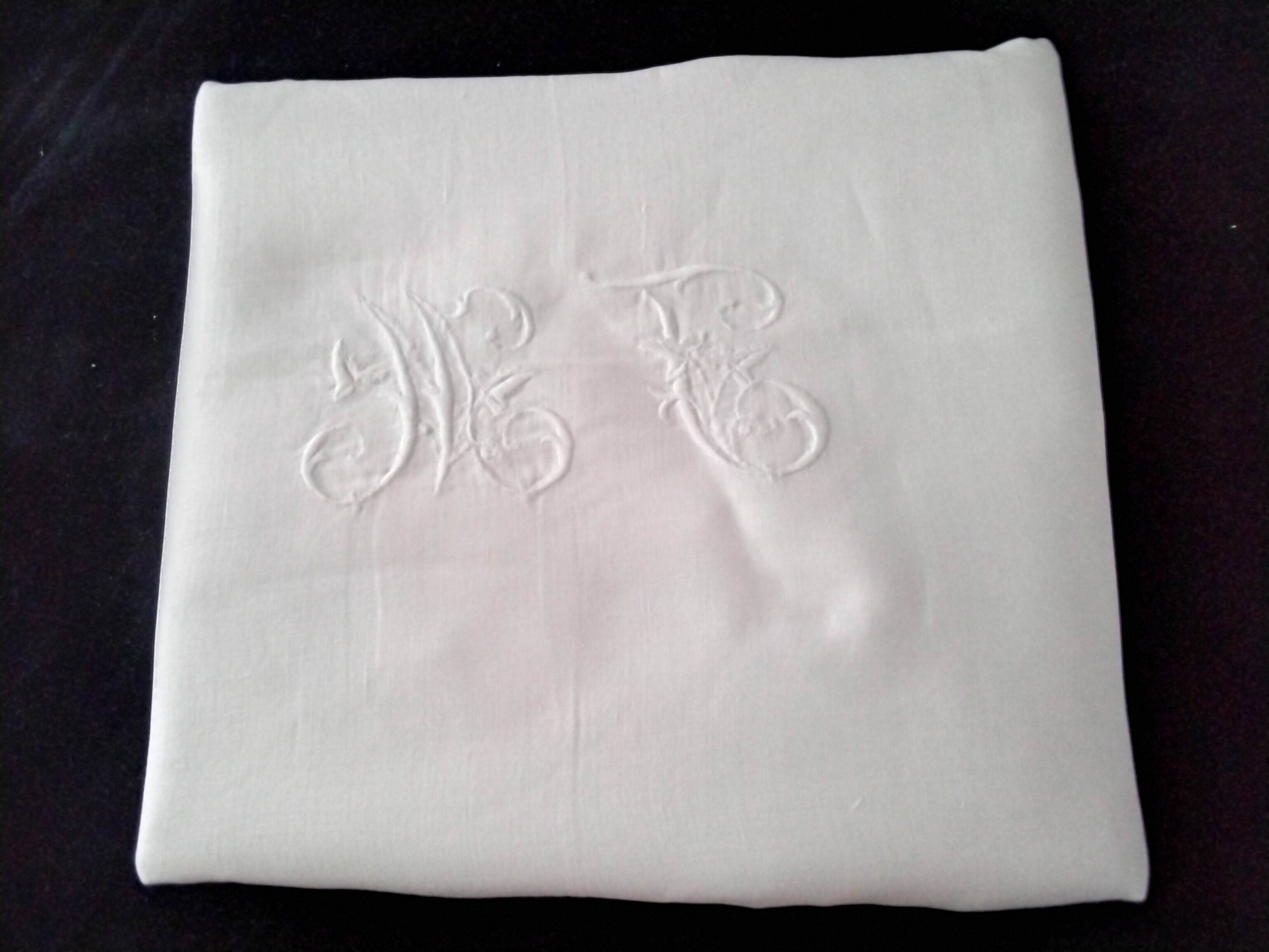 Antique white linen tablecloth monogrammed MC 1.68 X 1.70 m