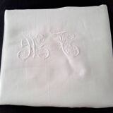 Antique white linen tablecloth monogrammed MC 1.68 X 1.70 m