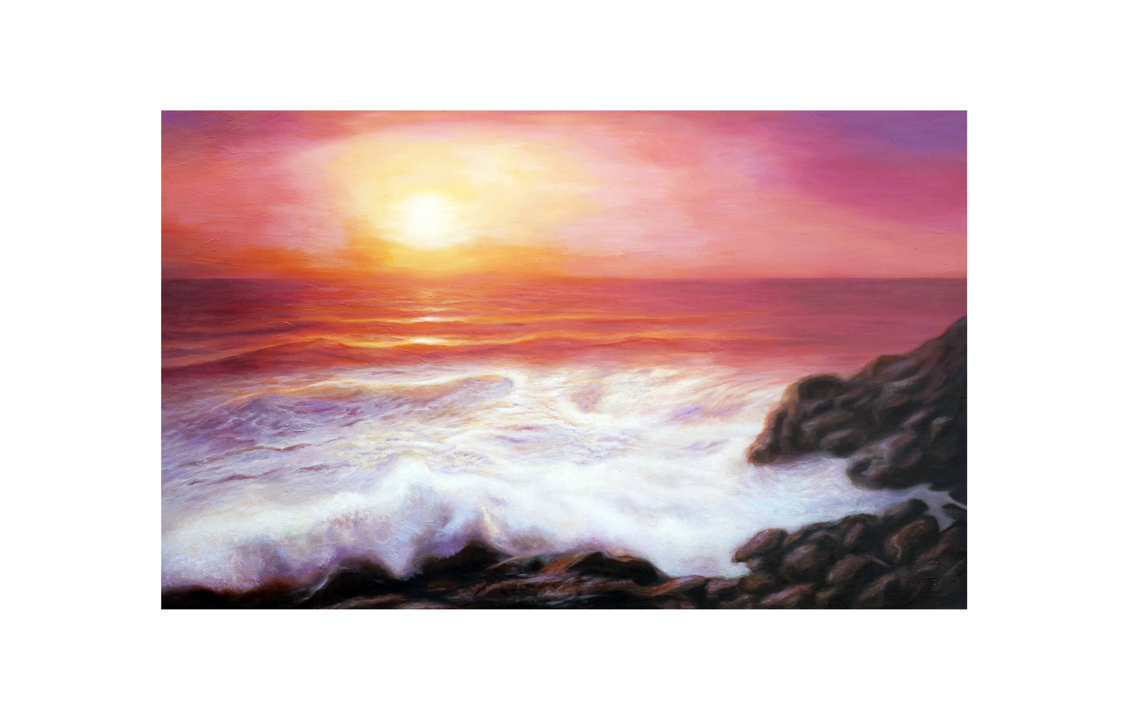 Cuadro del mar al oleo. Pintura de puesta de sol en el mar.