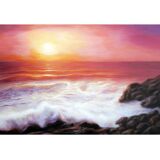 Cuadro del mar al oleo. Pintura de puesta de sol en el mar.