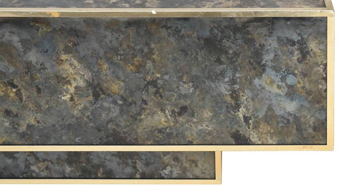 Marble glass coffee table with "solar eruption" decor.