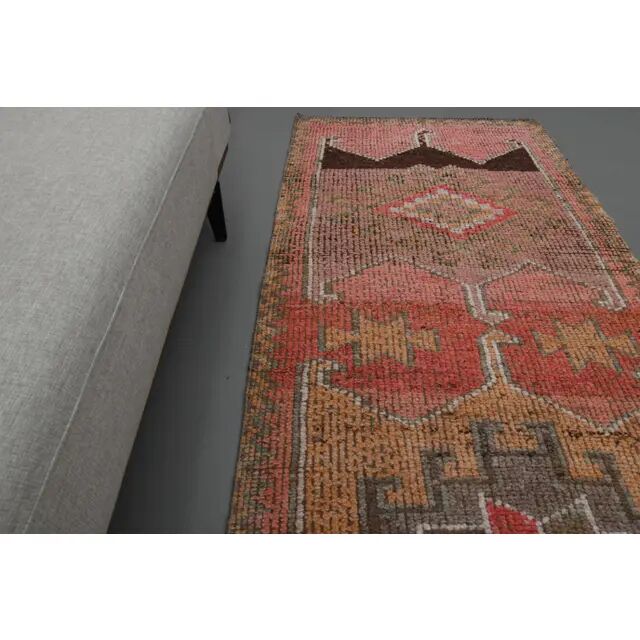 1970s Vintage Turkish Oushak Handmade Wool Cotton Pink Runner Rug 94x311