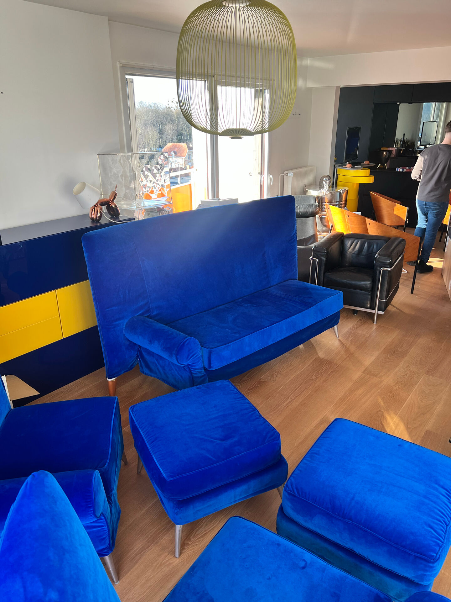 Blue velvet sofa Philippe Starck model Royalton