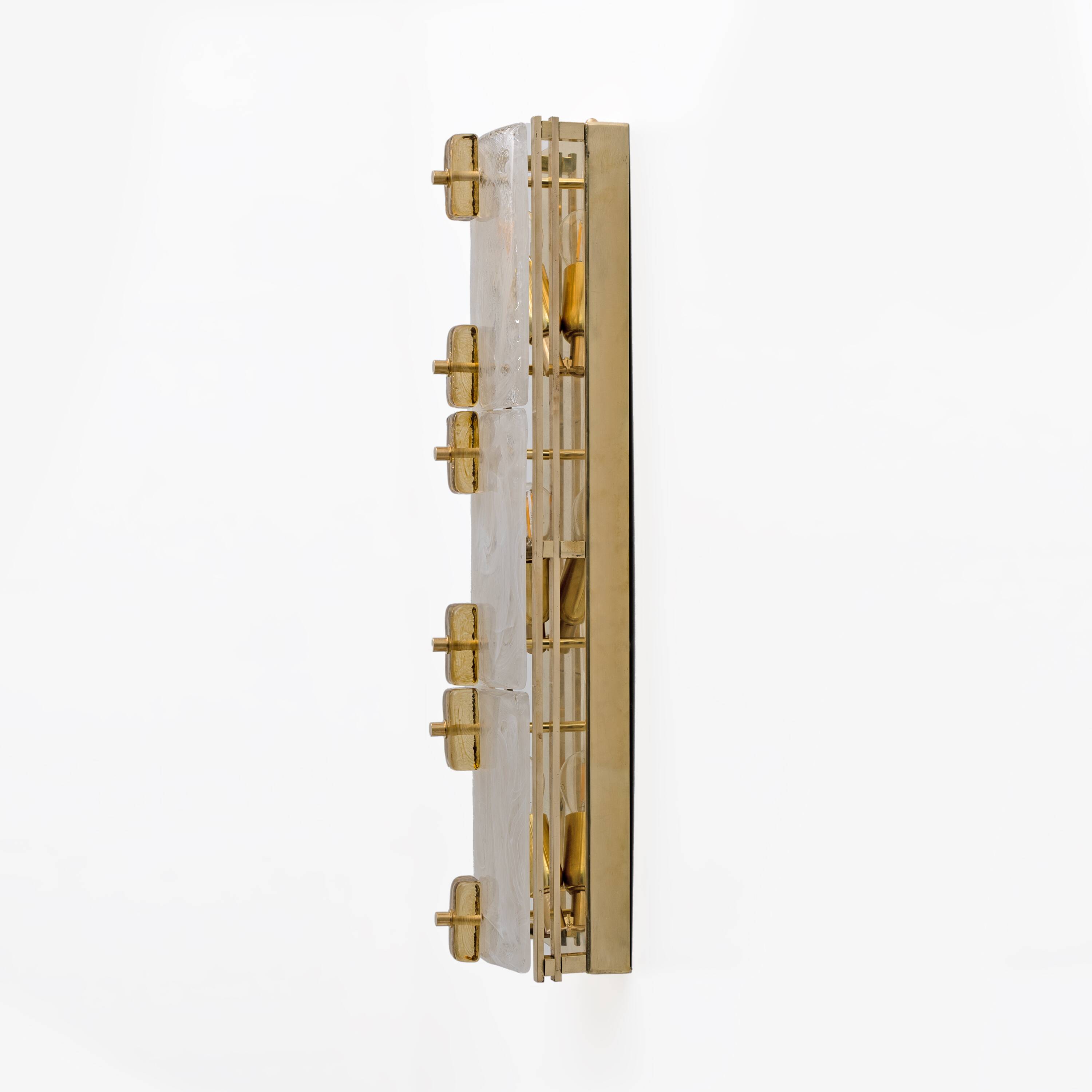 Pair of Modern Sconces in Brass and Milk White Murano Glass and Amber Glass