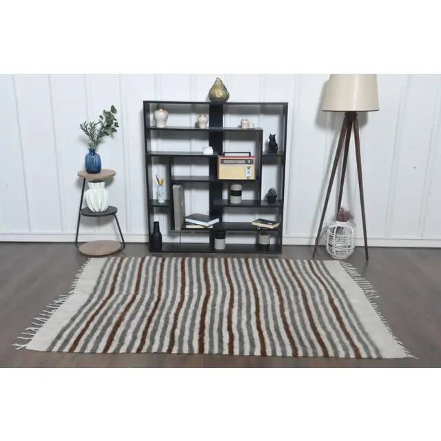 1970s Vintage Turkish Handmade Wool Cotton Beige Brown Kilim Rug 152x208