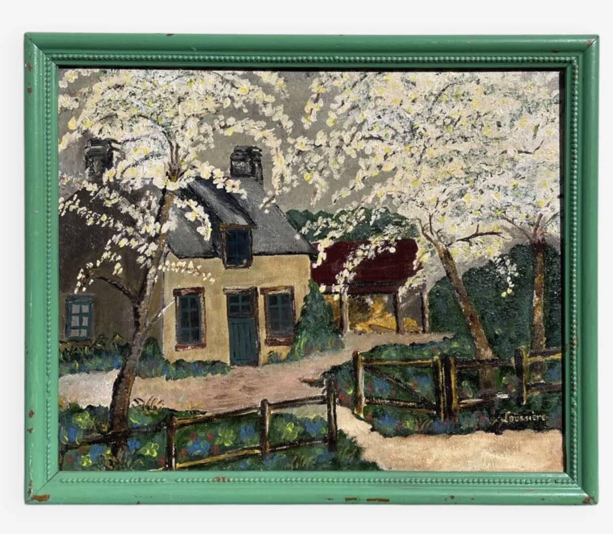 Painting of a farm in a landscape, oil on canvas with frame