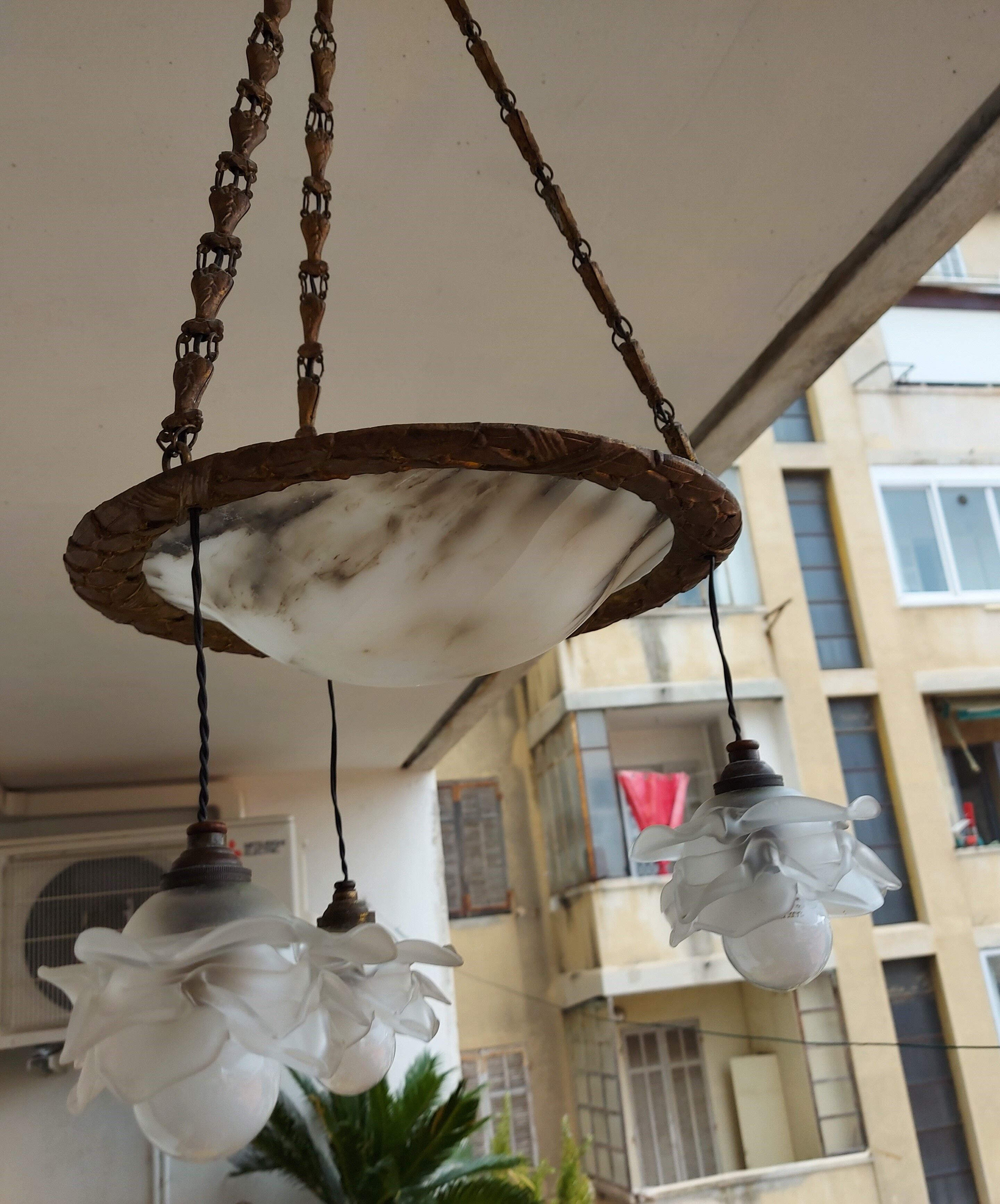art nouveau chandelier, alabaster shells, molded glass and bronze
