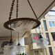 art nouveau chandelier, alabaster shells, molded glass and bronze