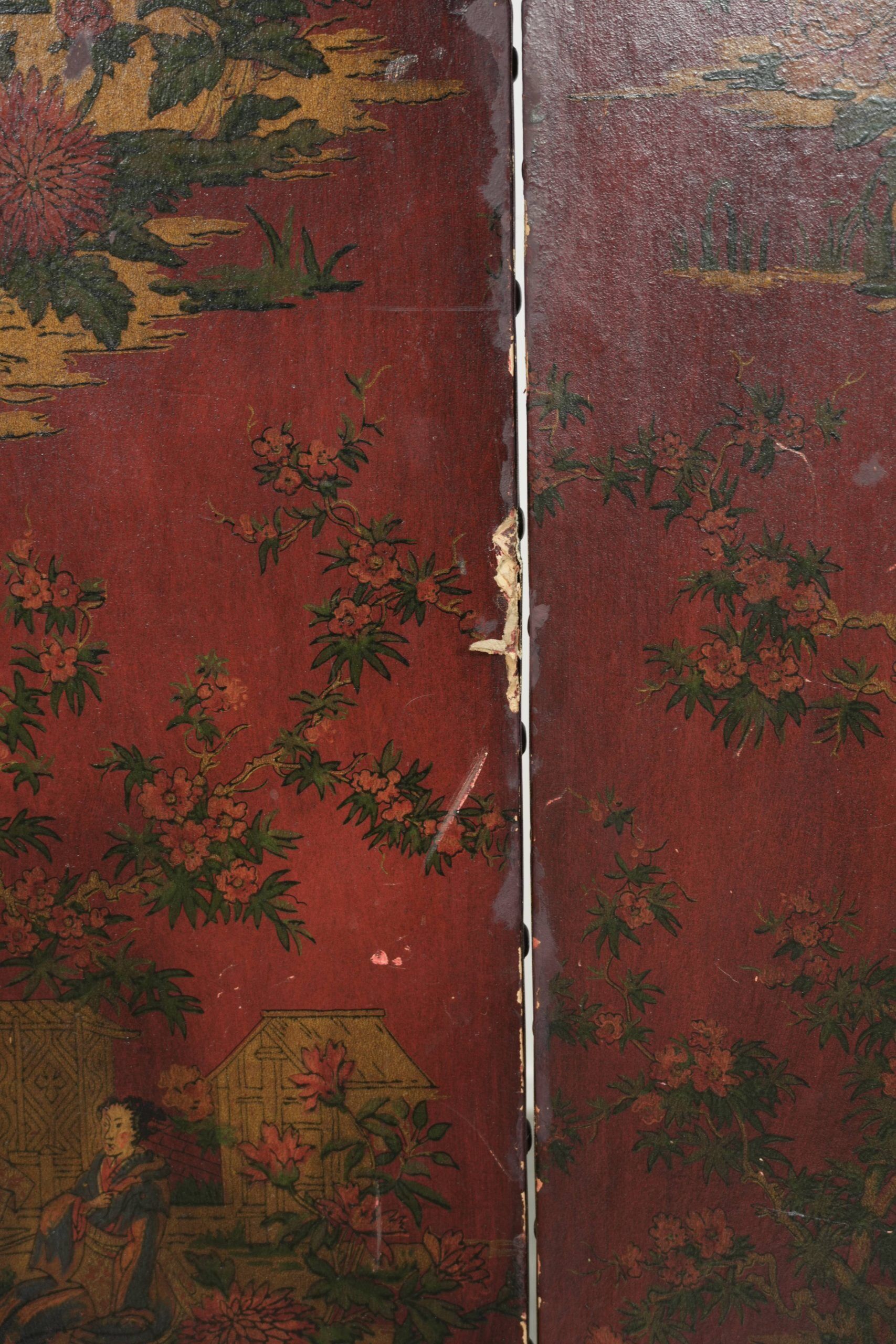 Antique English red leather hand-painted chinoiserie room divider/ screen