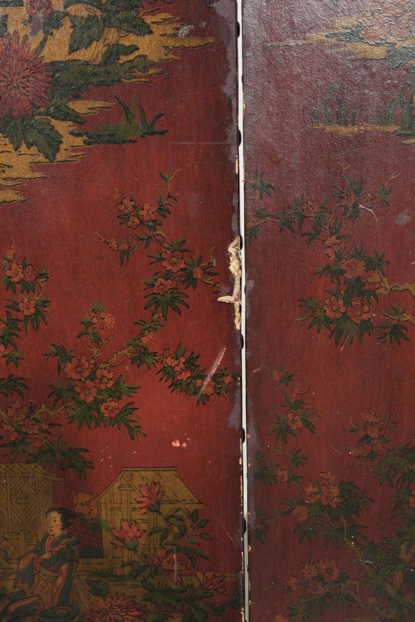 Antique English red leather hand-painted chinoiserie room divider/ screen