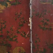 Antique English red leather hand-painted chinoiserie room divider/ screen